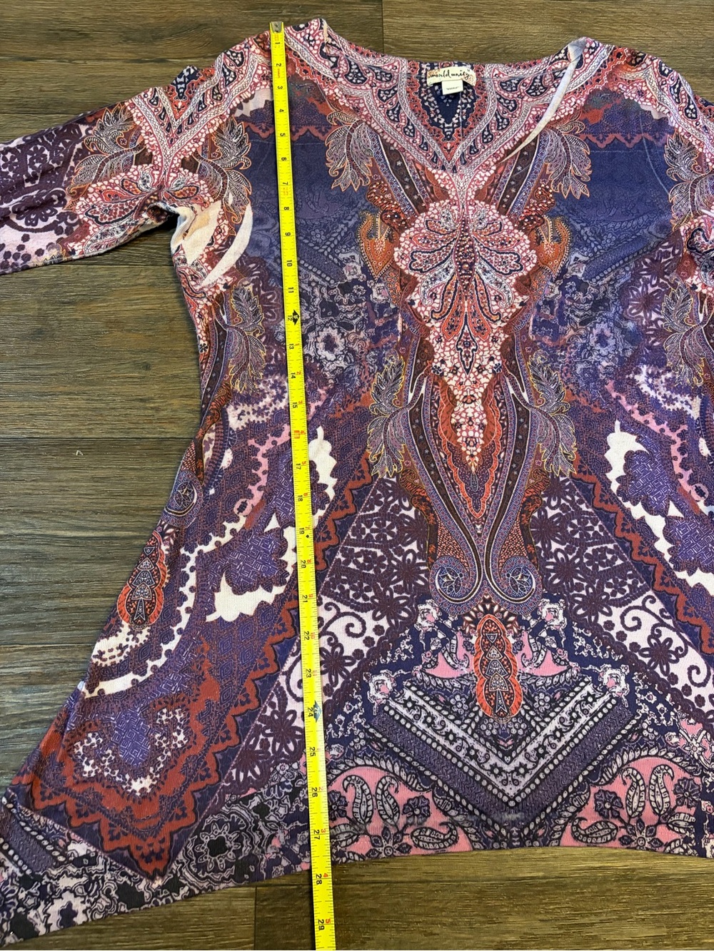 Women’s World Unity Purple Boho Hippie Paisley 3/4 Sleeve Shark Bit Hem Size M - Picture 6 of 8